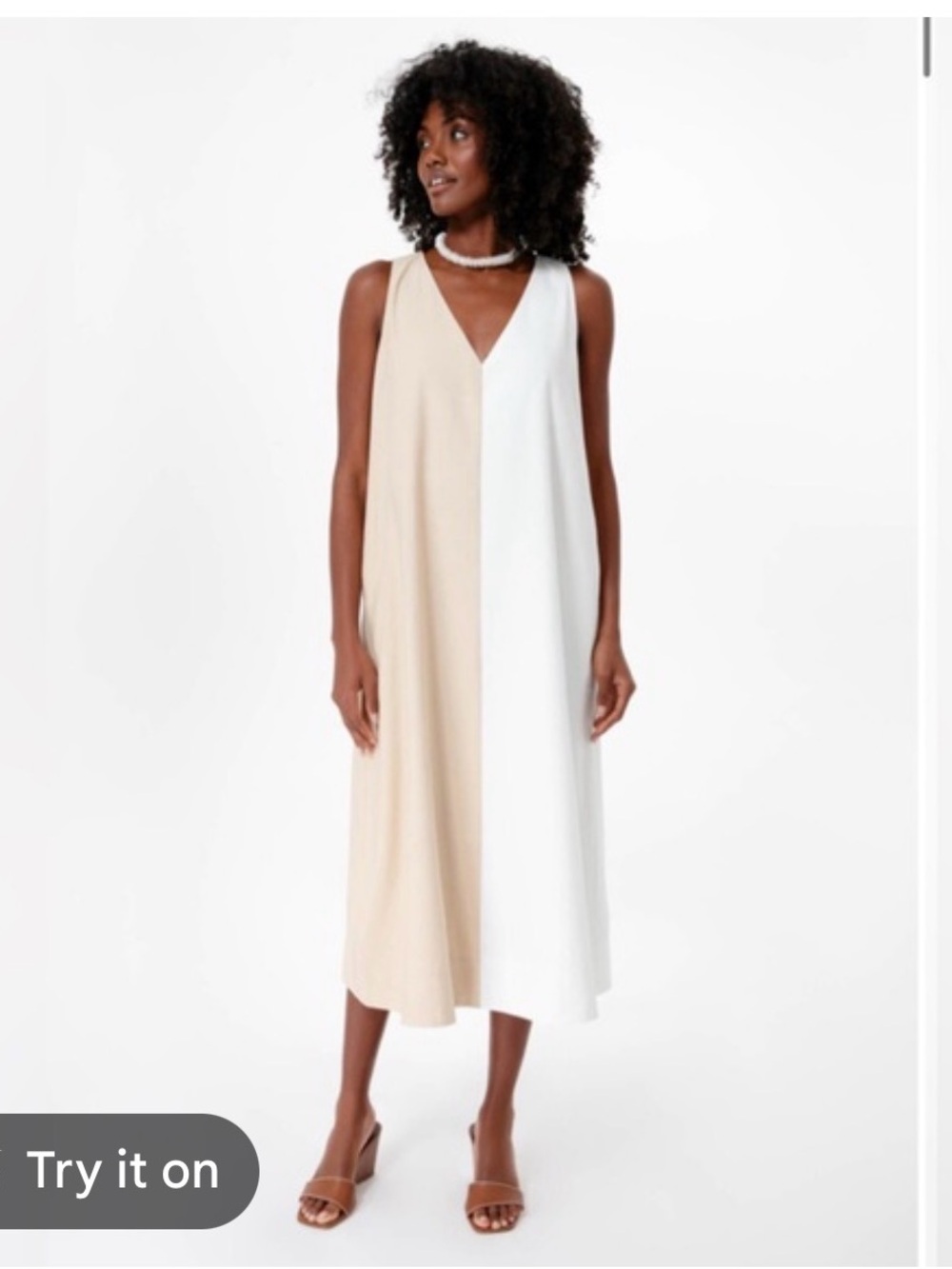 Pomander Place Two-Tone Beige and White V-Neck Midi Dress
